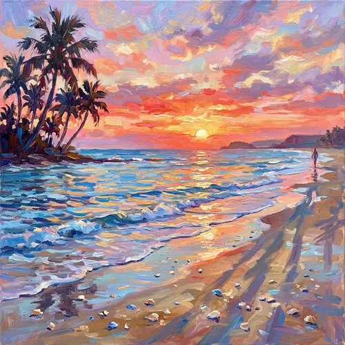 Serene Sunset Beach Painting with Impressionist Style
