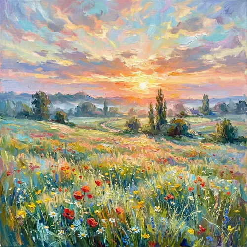 Vibrant Sunrise Painting: Impressionist Meadow Art
