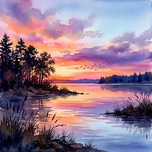 Tranquil Sunset Watercolor Painting