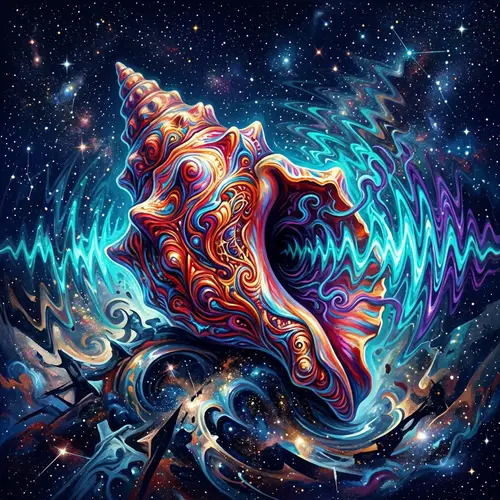 Surrealistic Tinnitus Art: Vibrant Conch Shell & Sound Waves