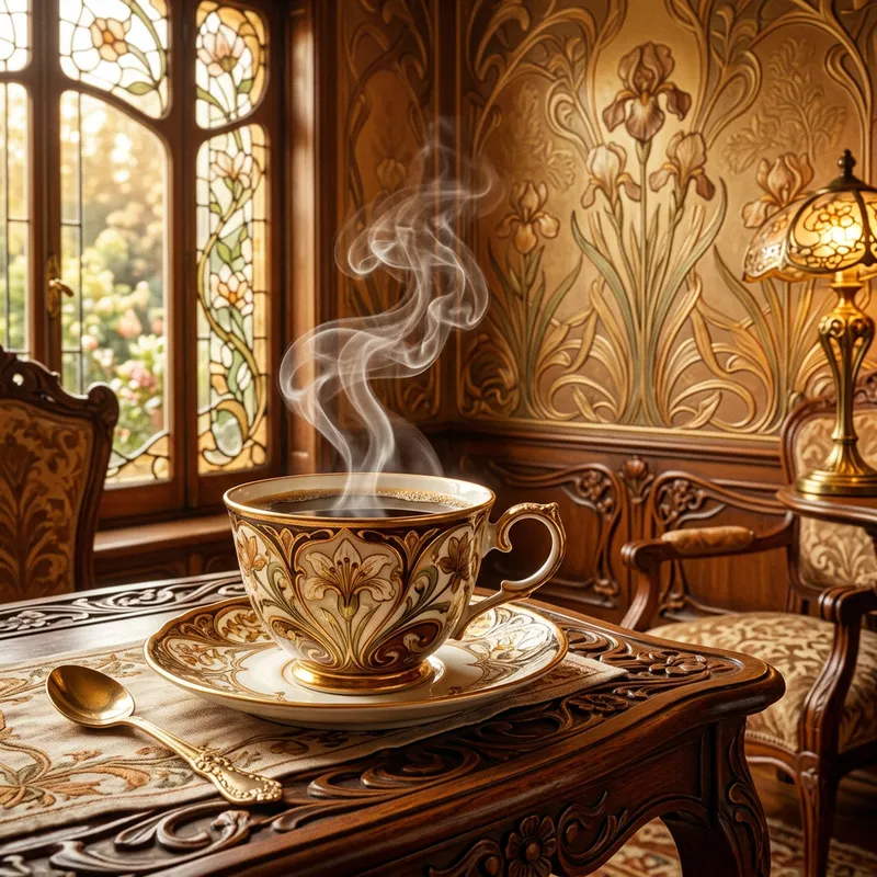Steamy Coffee Art Nouveau Scene