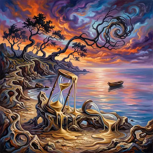 Surrealistic Timepiece Art: Dream-Like Hourglass Scene