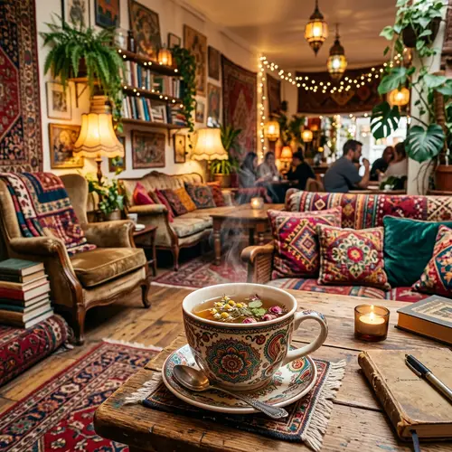 Bohemian Café Scene with Herbal Tea | Cozy and Inviting Atmosphere