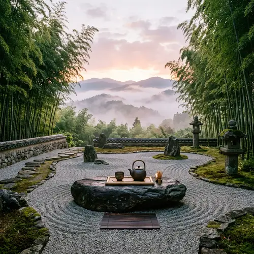 Tranquil Zen Garden Scene | Serene Setting with Bamboo Grove