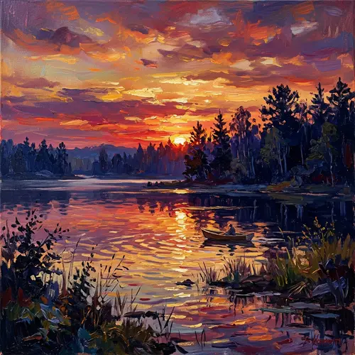 Tranquil Lake Sunset Painting | Monet Style Artwork
