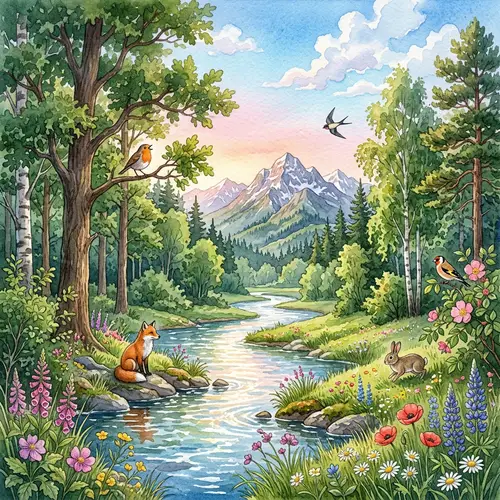Serenely Flowing Stream Watercolor Painting with Wildlife and Mountain View