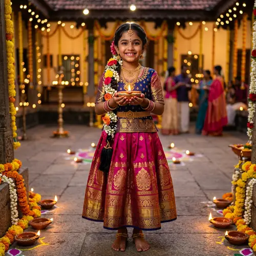 Beautiful Tamil Girl in Vibrant Pattu Pavadai with Diya