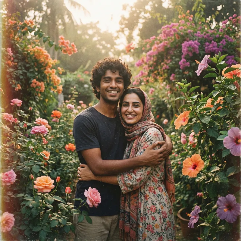 AAFAQ and MAIRA: Romantic Multicultural Couple Embracing in Flower-Filled Garden | Vintage Aesthetic