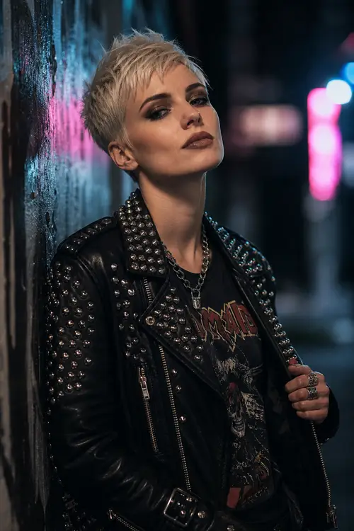 Edgy Punk Portrait: Confident Blonde in Biker Style