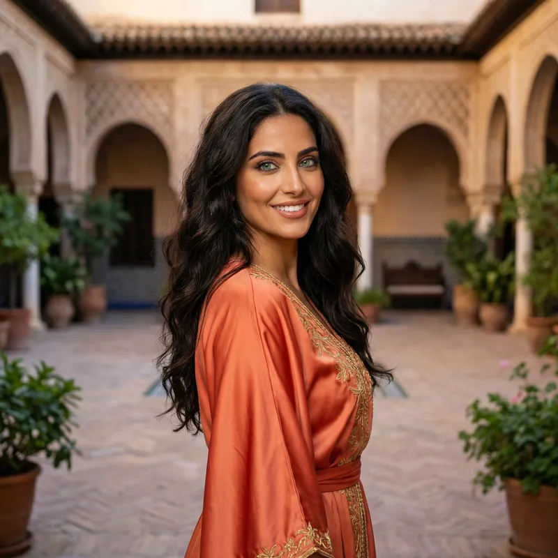 Beautiful Middle-Eastern Woman with Dark Brown Hair in Silk Gown