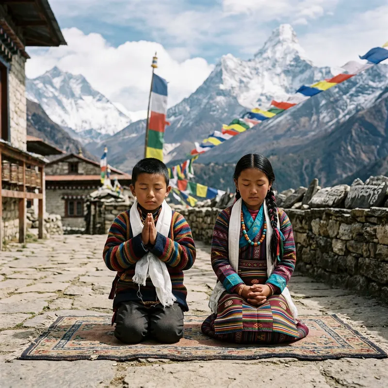 Sherpa Culture: Boy and Girl in Traditional Attire Praying