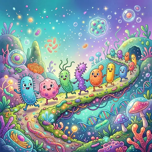 Microbes Cartoon: Playful Friends in a Landscape