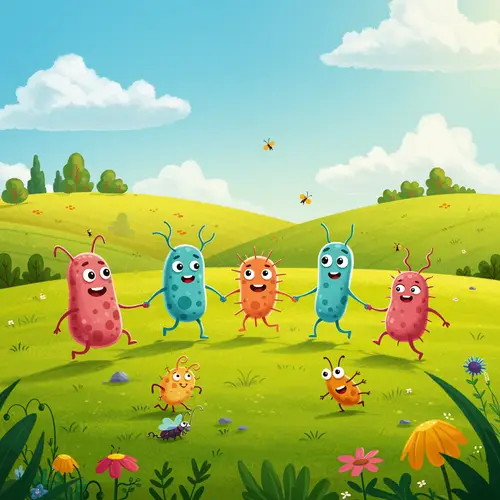 Microbes Cartoon: Playful Friends in a Landscape