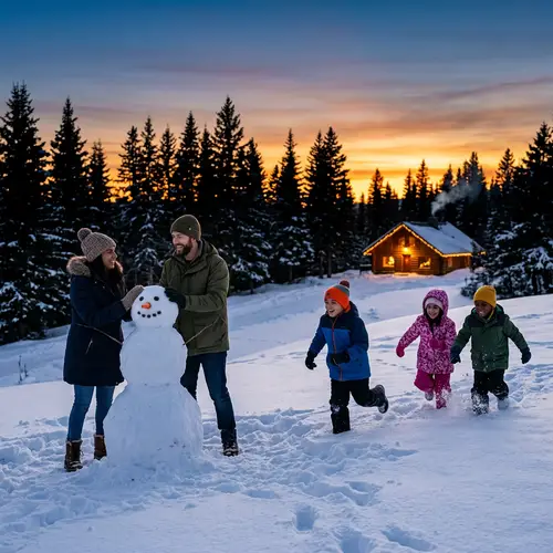 Snowy Landscape Evening Scene with Tree Silhouettes and Happy Figures