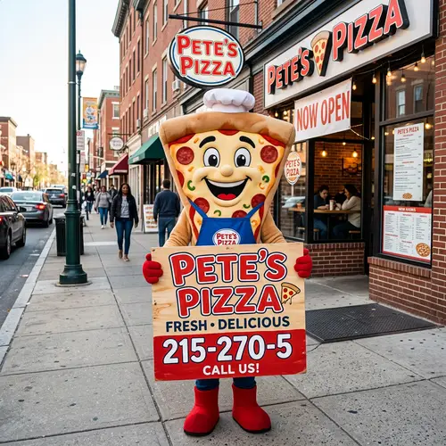 Pete's Pizza Mascot with Sign