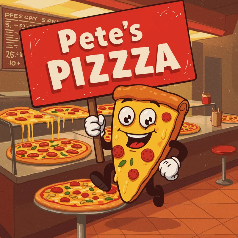 Pete's Pizza Mascot with Sign