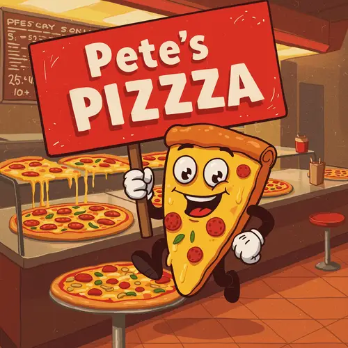 Pete's Pizza Mascot with Sign
