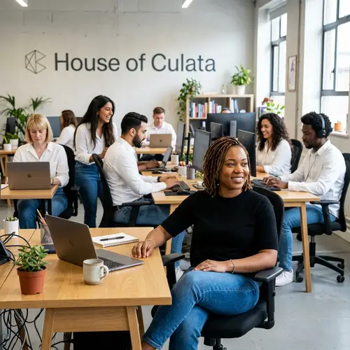 Office Scene: Fair African Woman & Diverse Colleagues at House of Culata