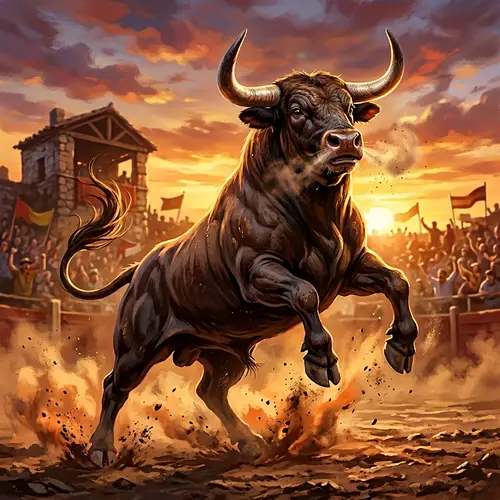 Powerful Bull Victory Dance in Vivid Sunset Environment