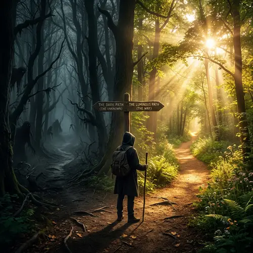 Forest Crossroads: Ominous Darkness vs. Flourishing Brightness