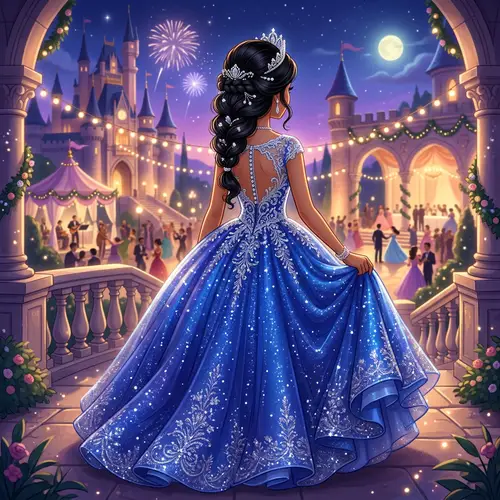 Animated Quinceañera Princess in Blue Dress with Silver Sparkles