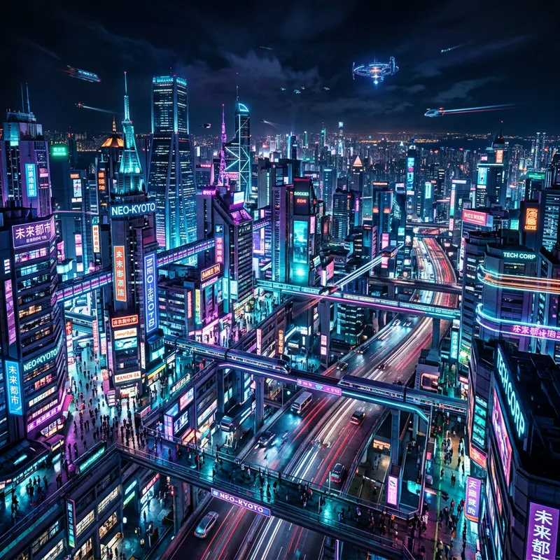 Cyberpunk Neon Cityscape: Vibrant Urban Life at Night