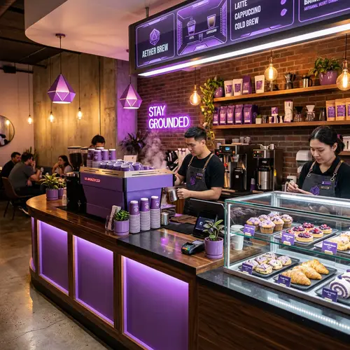 Modern Purple Coffee Shop Counter Design