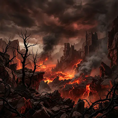 Terrifying Landscape Visualization of Hell with Molten Lava & Ominous Clouds
