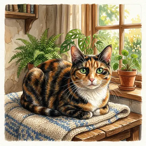 Detailed Illustration of Calico Domestic Cat