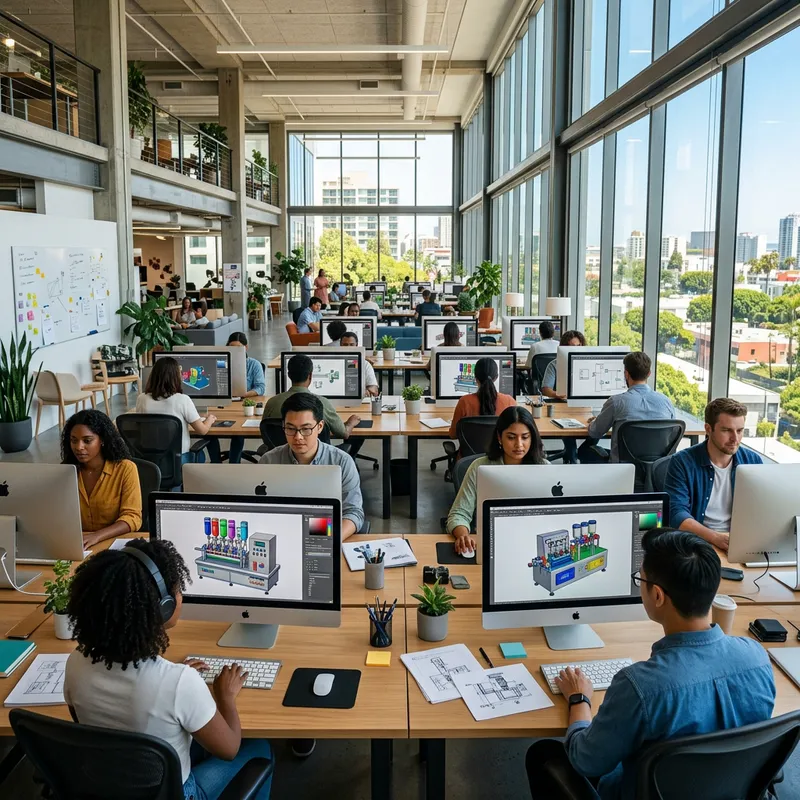 Creative Designers Working at Desks in Vibrant Office Setting
