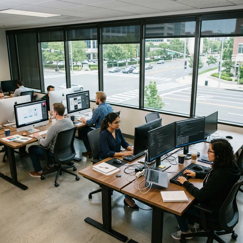 Realistic Office Scene with Designers and Engineers in Modern Workspace