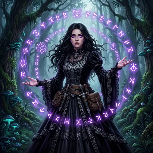 Dark Fantasy Sorceress in Gothic Dress - Magical Forest Art