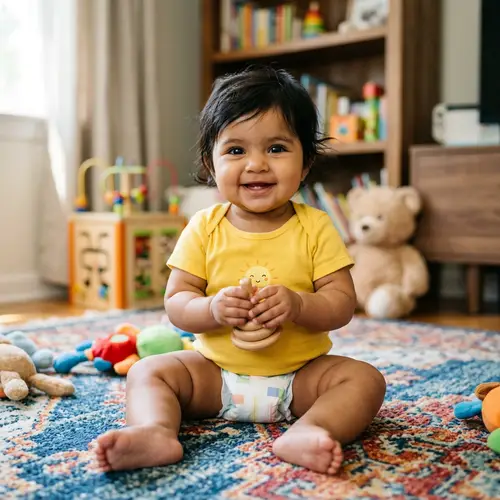 Cute Baby in Yellow T-Shirt and Diaper