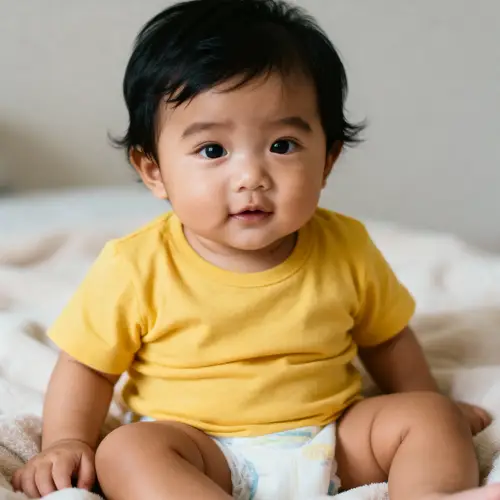 Cute Baby in Yellow T-Shirt and Diaper