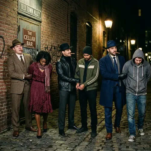 Stylish Detectives Arrest Diverse Thieves in Vintage Setting