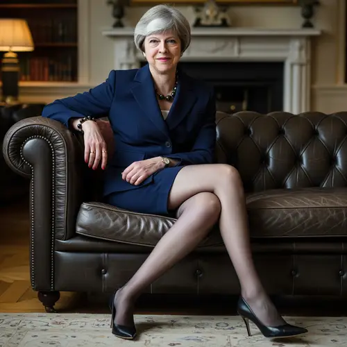 Theresa May in Chic Short Suit and Black Tights