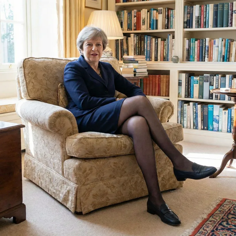 Theresa May in Chic Short Suit and Black Tights