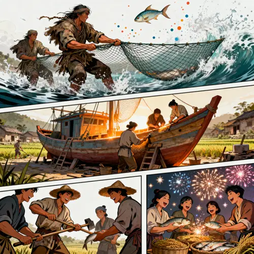 Dynamic Comic Art: Nomadic Fishermen in Action