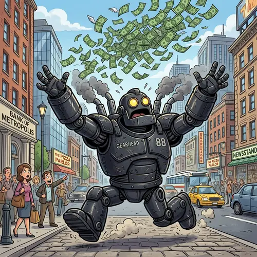 Energetic Cartoonish Robot Chasing Green Currency Bills