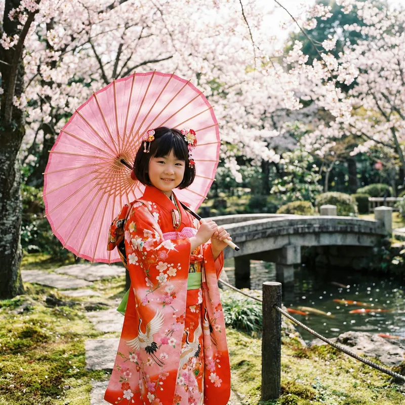 Shinobu: Cute Girl in Traditional Kimono with Pink Umbrella