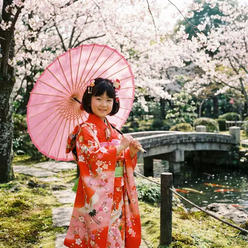 Cute Girl in Traditional Kimono with Pink Umbrella