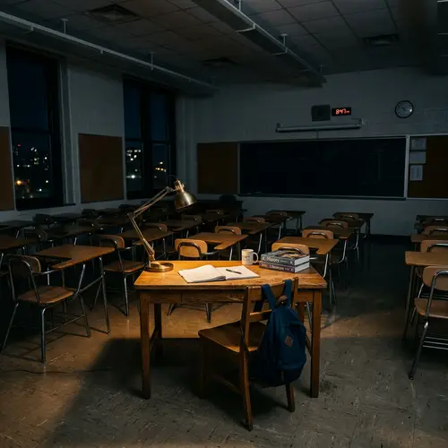 Illuminated Desk in Empty Classroom Image