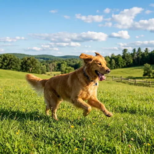 Playful Golden Retriever Running in Sunlit Field