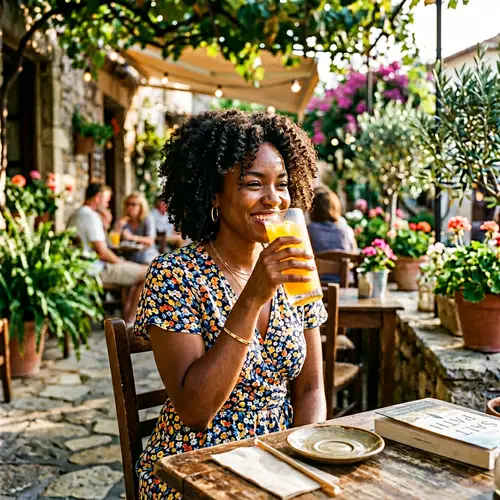 Tranquil Afternoon: Black Woman Enjoying Fresh Juice at Cafe Patio