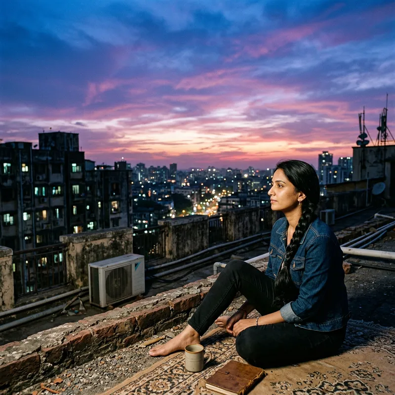 Tranquil Rooftop Scene: Person Gazing at Sky