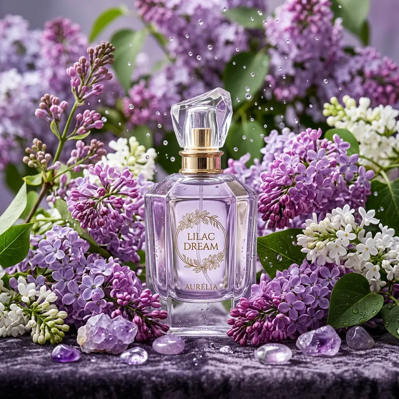 Elegant Perfume Bottle in Vibrant Lilac Flowers | 8k Studio Capture