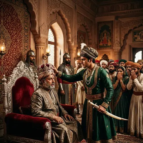 Dramatic Historical Scene in India: Ambitious Prince Seizing Crown