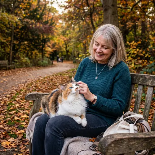 Multicolored Fluffy Cat and Loving Middle-aged Woman in Peaceful Park Setting