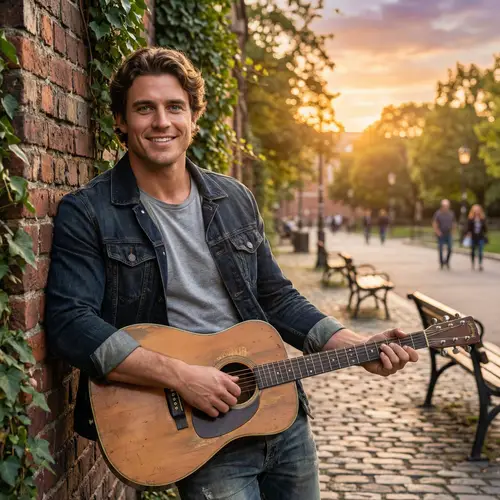 Charming Guitar Player in Serene City Park | Young Adult Male
