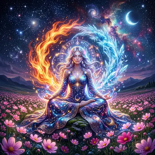Celestial Goddess Meditating in a Starry Field
